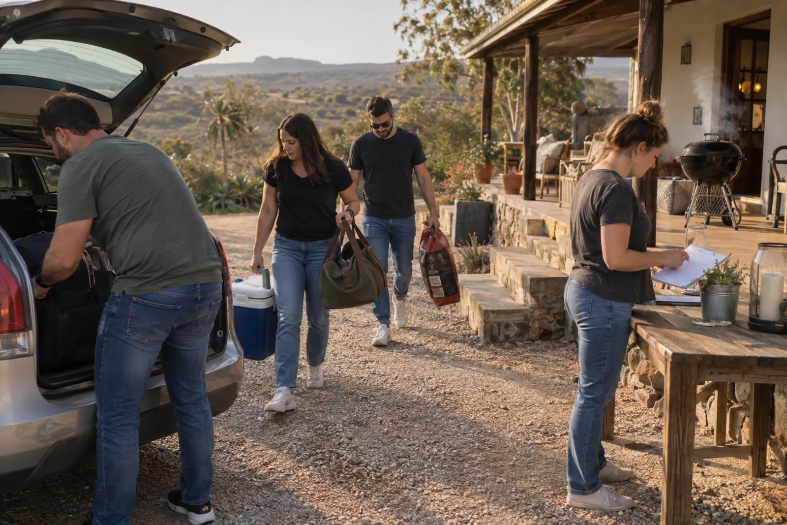 Guests unload weekend bags, a cooler box and charcoal outside a country guesthouse while an organiser checks a list.