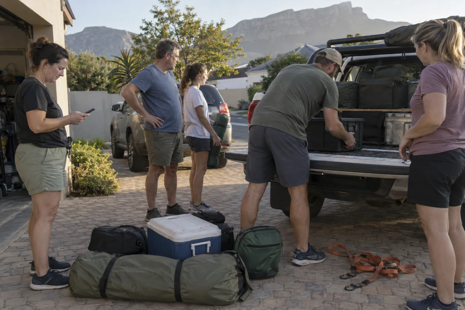 Families checking a phone list and loading camping crates, a cooler and bags into a bakkie on a driveway.