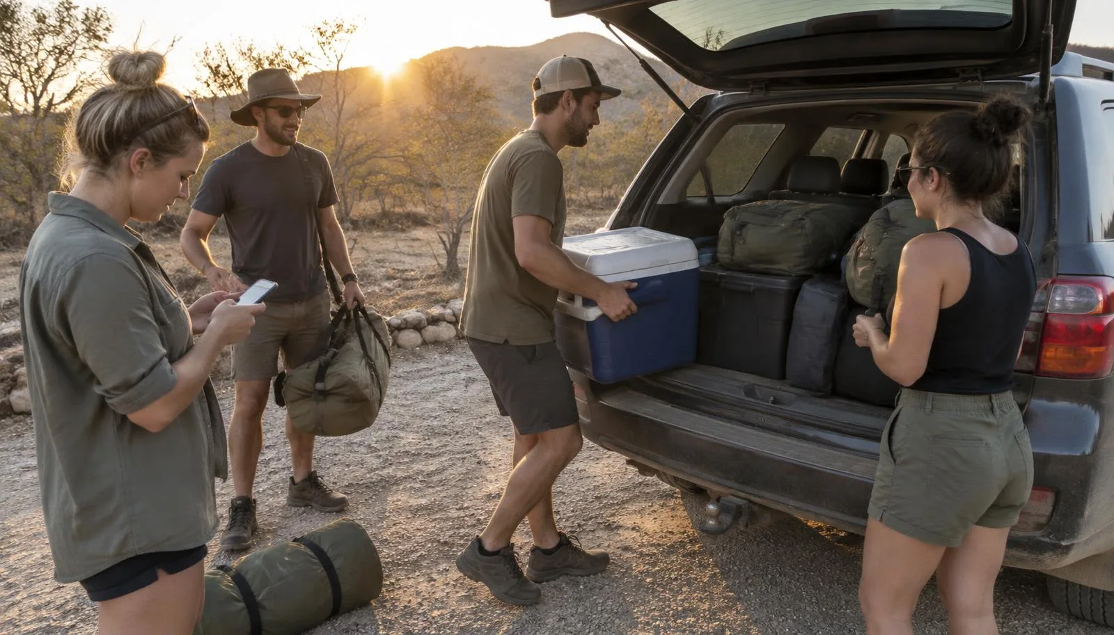 Four friends loading camping gear, a cooler box and duffel bags into the boot of an SUV at sunset while one checks a packing list on her phone