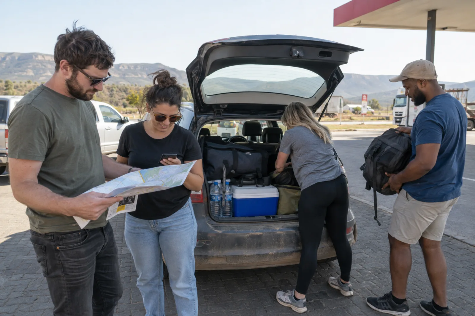 Four friends check a map and phone beside an open hatchback boot packed with bags and a cooler box.