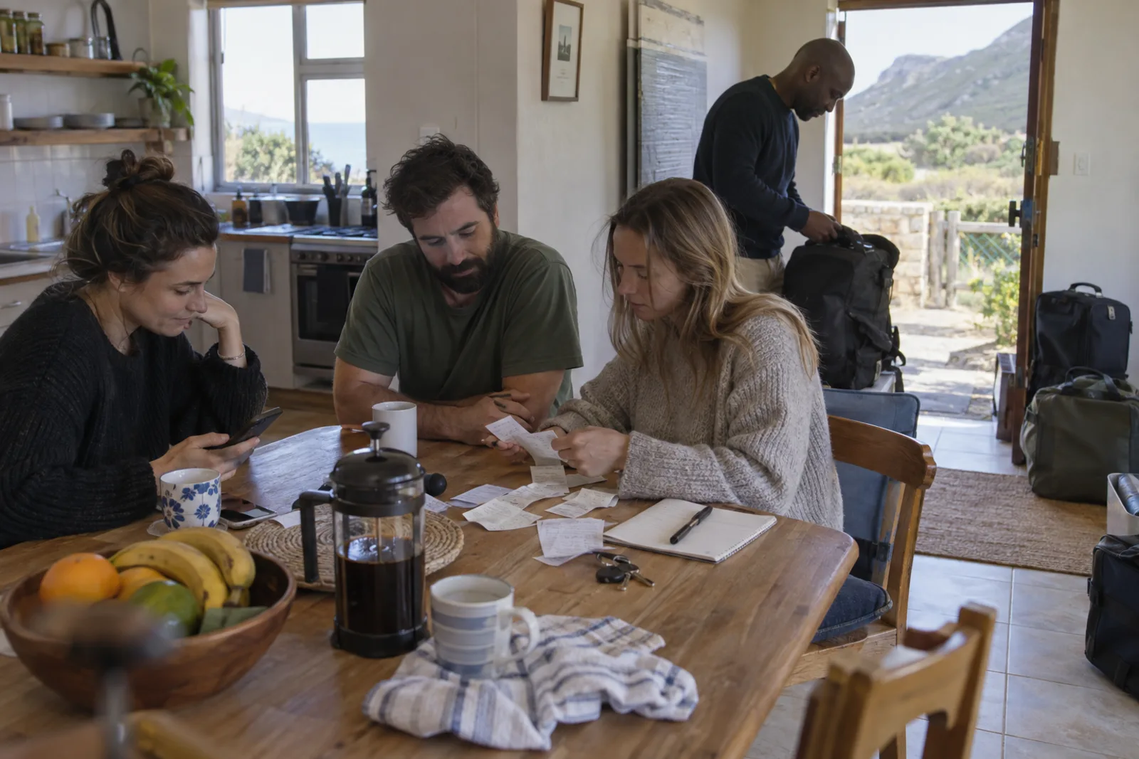 Four friends checking a phone and sorting receipts at a holiday cottage kitchen table, with bags beside the door.